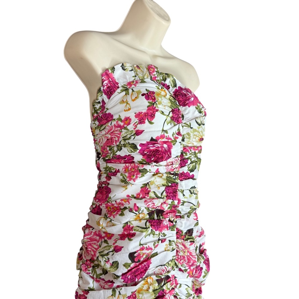 Mable Pink Floral Strapless Ruched Ruffle Mini Dress Size M - Picture 7 of 17